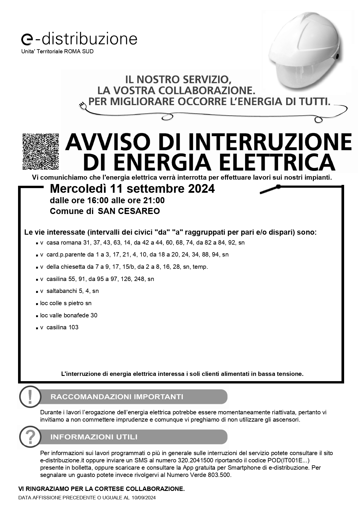 San Cesareo, interruzione energia elettrica oggi pomeriggio dalle ore 16:00 alle ore 21:00 – zona colle San Pietro/Casilina