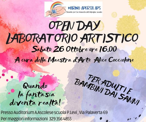 Marino Aperta APS: Open Day del Laboratorio artistico il 26 ottobre Frattocchie alla scuola Levi