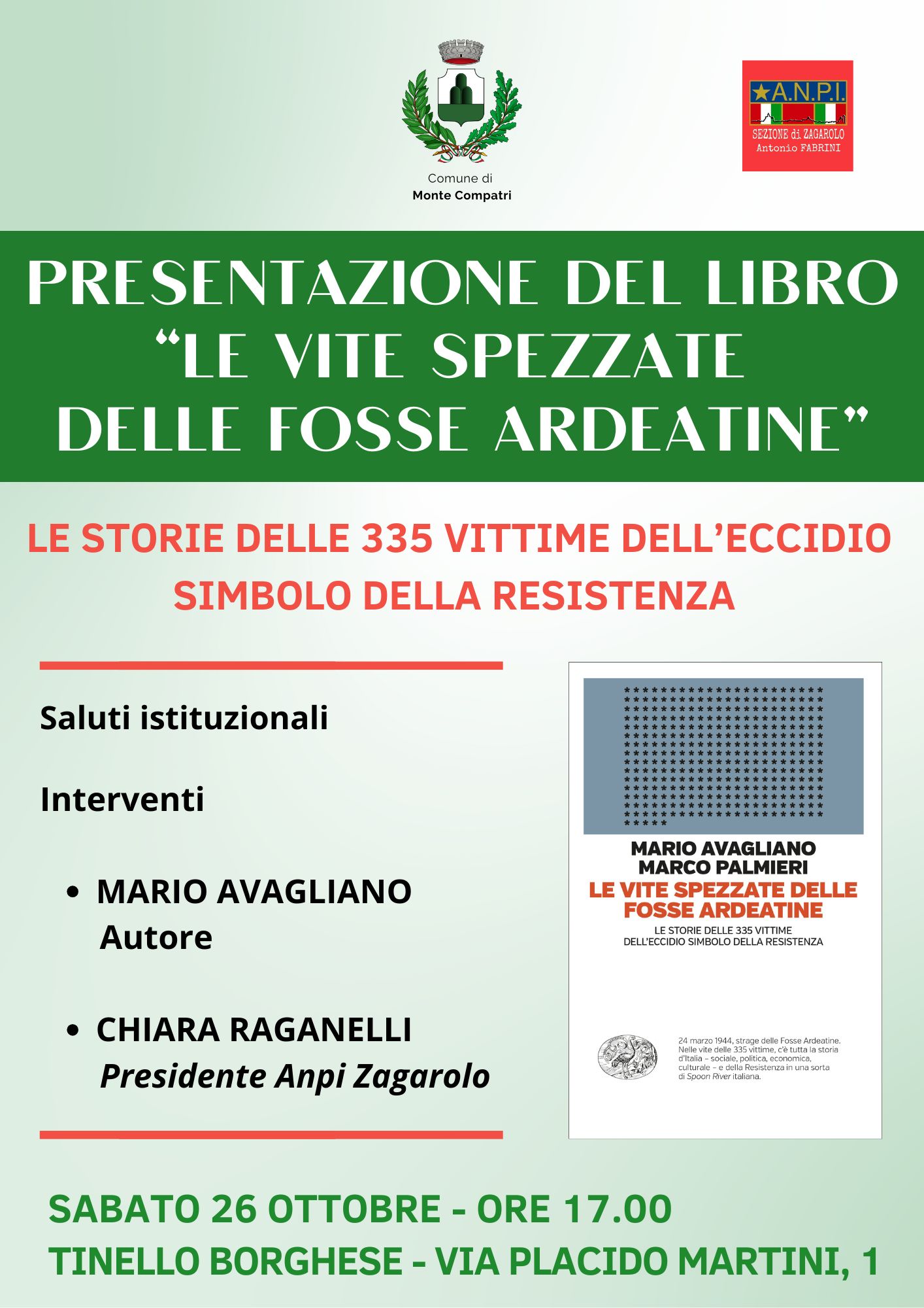 Monte Compatri, sabato 26 ottobre la presentazione del libro “Le vite spezzate delle fosse ardeatine”