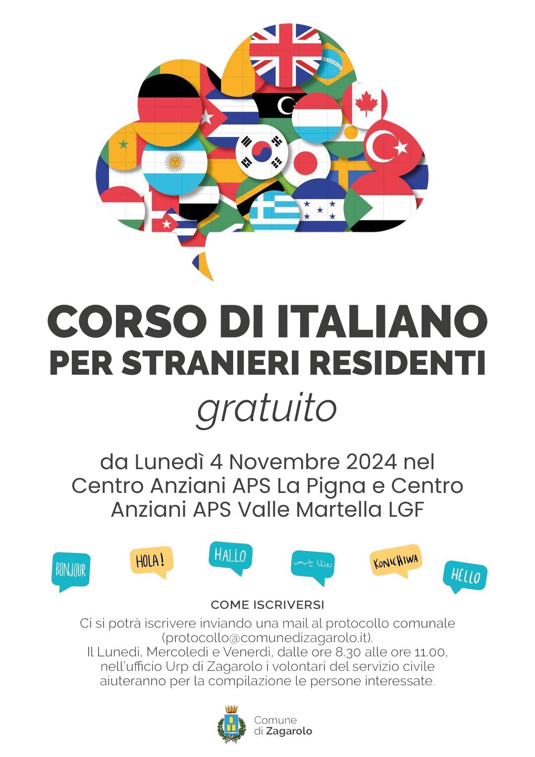 Zagarolo, ripartenza del corso di italiano gratuito per stranieri residenti presso i centri anziani dal 4 novembre 2024