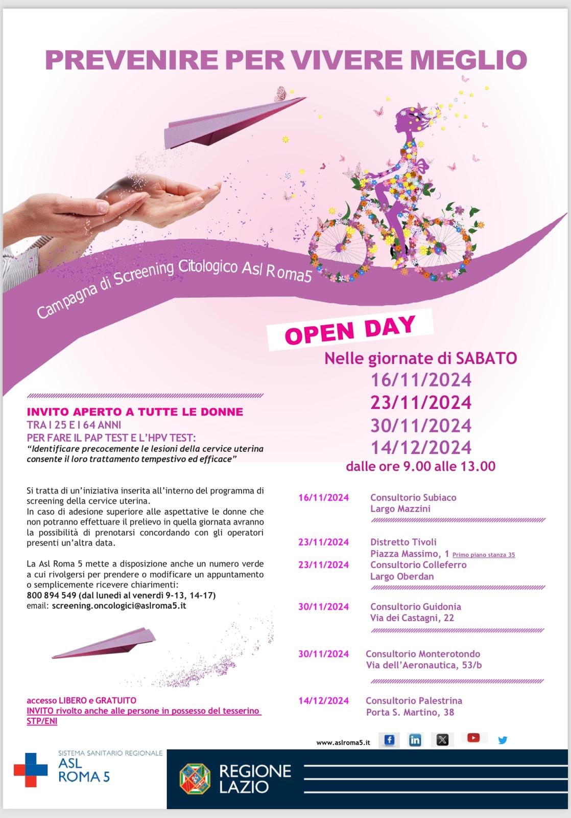 ASL Roma 5: Open Day per lo screening citologico – prevenire per vivere meglio