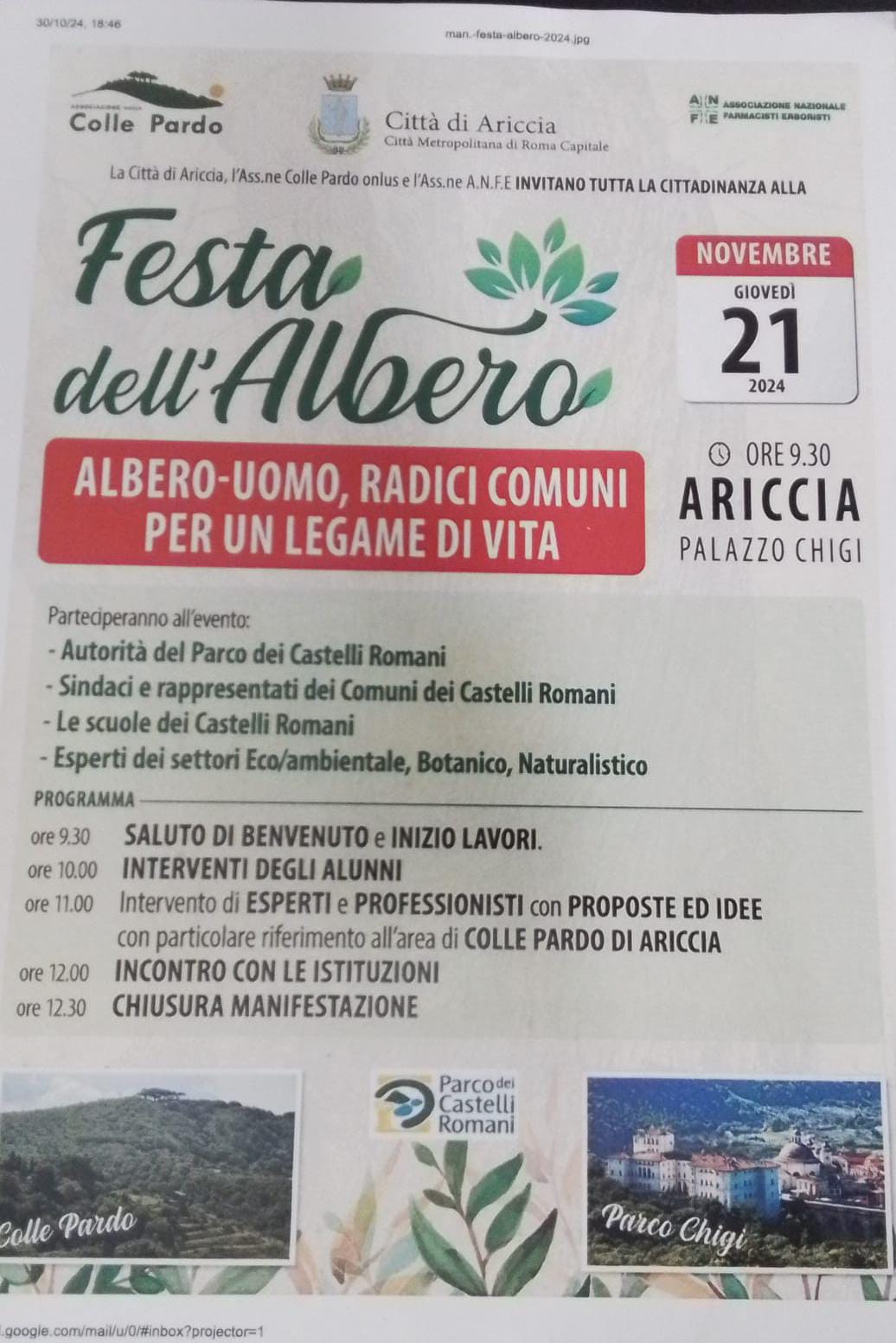 Ariccia, Giovedì mattina 21 Novembre a Palazzo Chigi la Festa dell’Albero e della tutela dell’ambiente