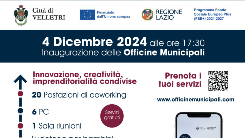 Velletri, dal 4 dicembre al via il progetto “Officine Municipali”