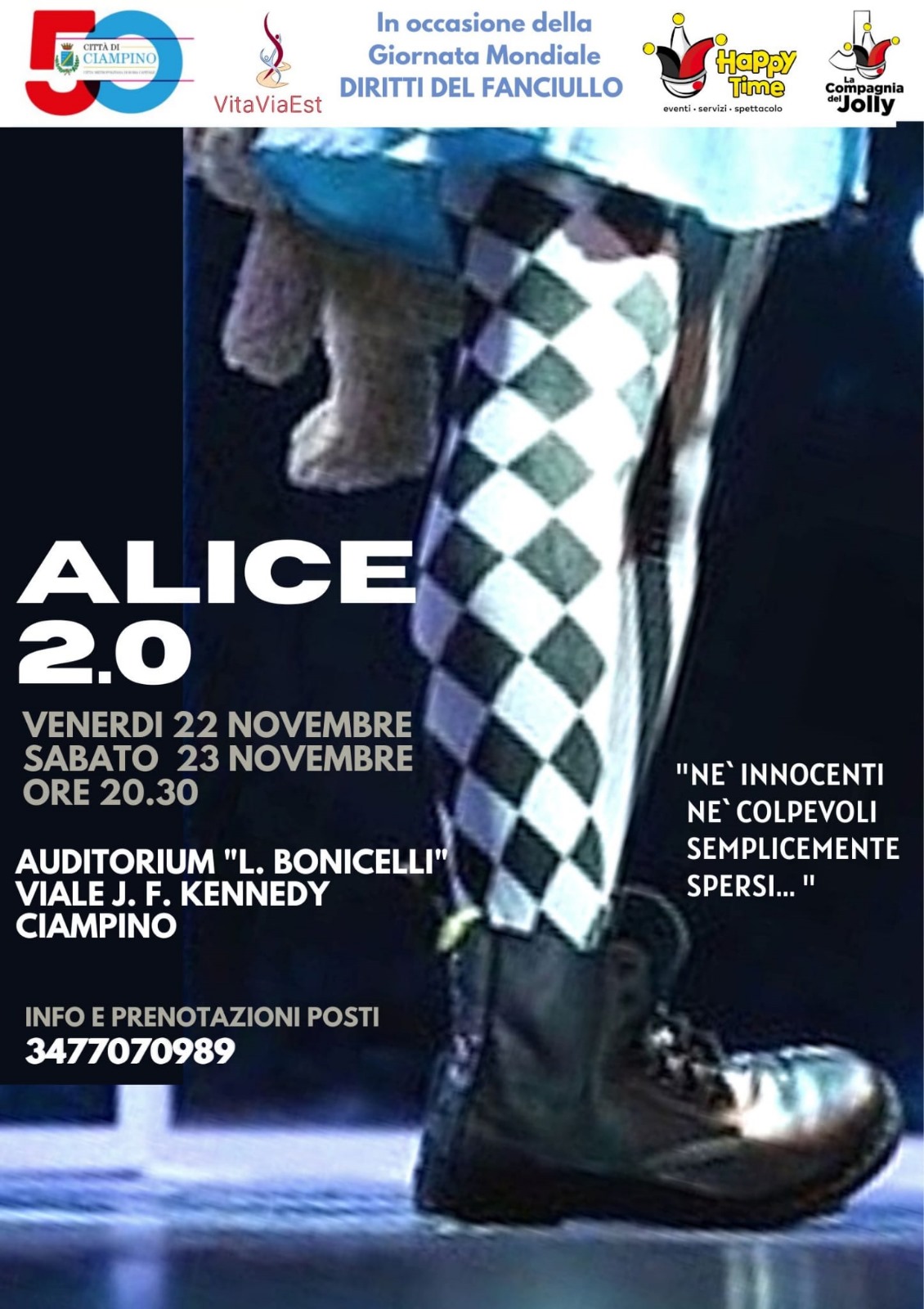 Ciampino, giornata dei diritti dell’infanzia e dell’adolescenza: il 22 e il 23 novembre spettacolo Alice 2.0 all’auditorium Bonicelli