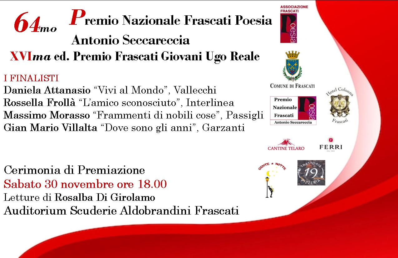 Frascati, 64ma edizione Premio Nazionale Frascati Poesia Antonio Seccareccia e XVI edizione Premio Frascati Giovani Ugo Reale: cerimonia di premiazione sabato 30 novembre 2024 ore 18:00 all’Auditorium Scuderie Aldobrandini