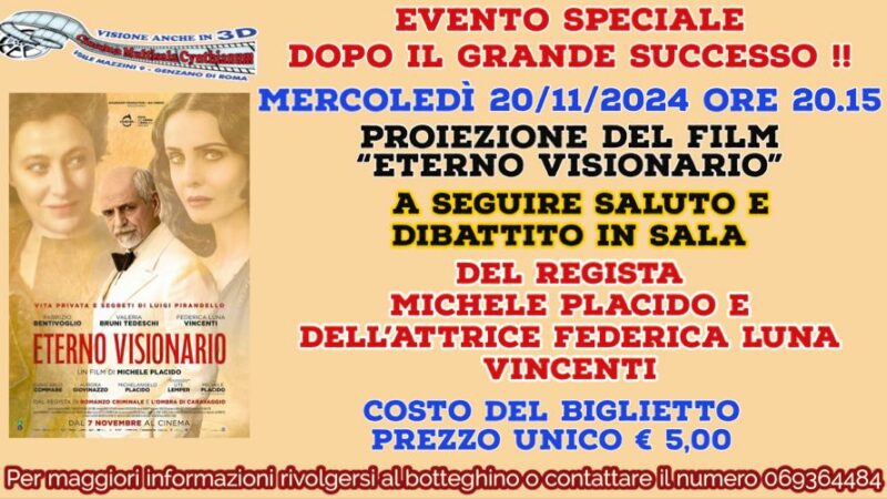 Genzano di Roma, ritorna la proiezione di “Eterno Visionario” al cinema Cynthianum con dibattito finale in compagnia di Michele Placido e Federica Luna Vincenti