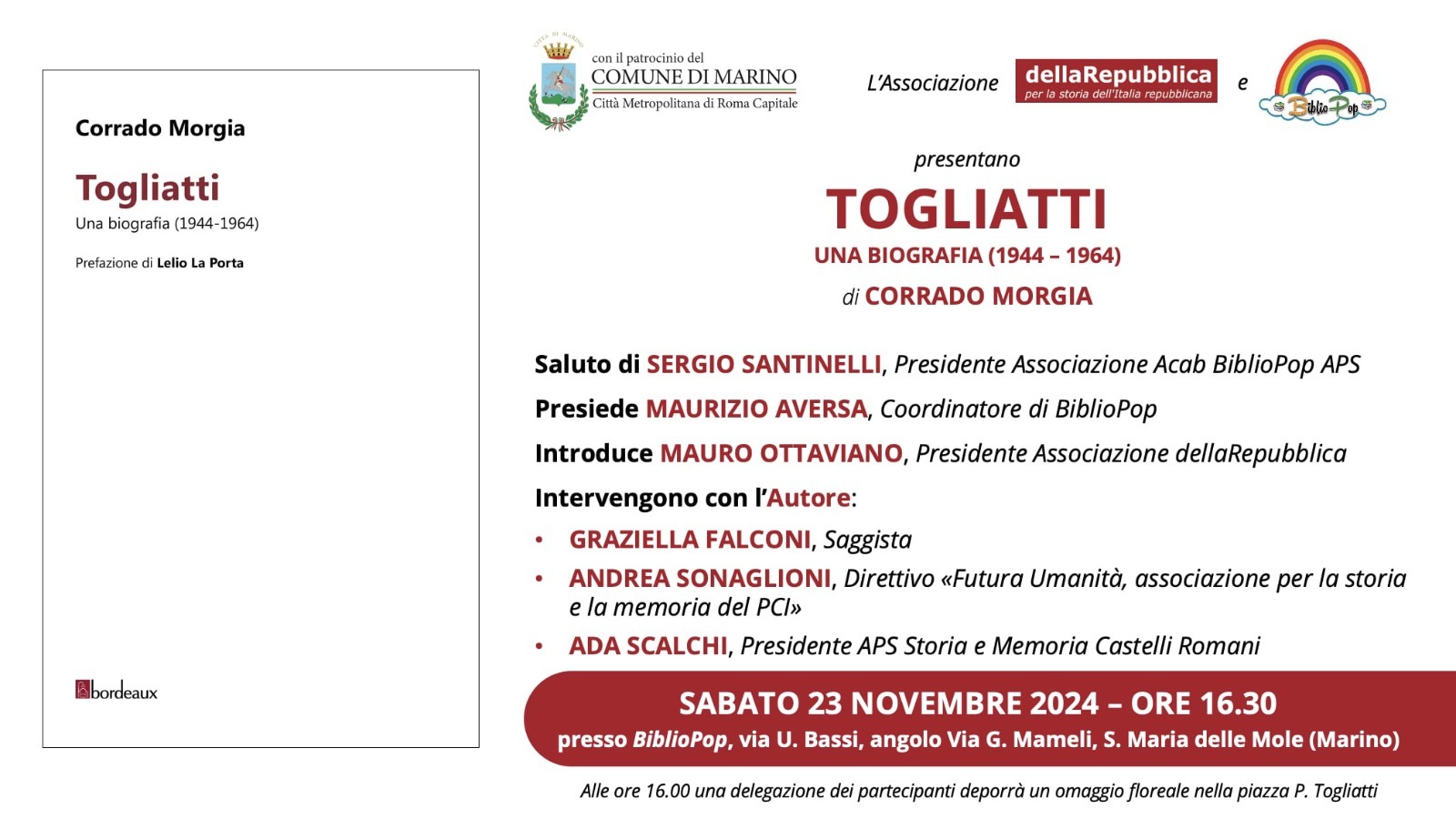 Marino/S. Maria delle Mole, Sabato 23 a BiblioPop: “Togliatti una biografia” incontro con l’autore Corrado Morgia