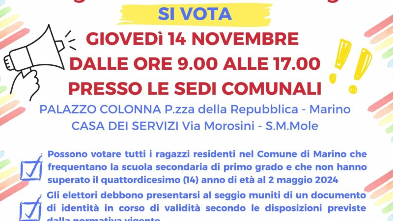 Marino, consiglio comunale dei ragazzi: giovedì 14 novembre urne aperte per il voto