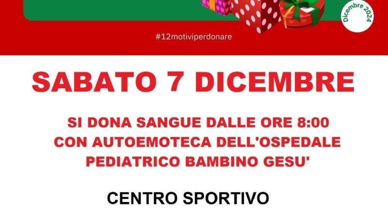 Ciampino, Sabato 7 dicembre raccolta sangue al campo sportivo di via Cagliari con i Donatorinati