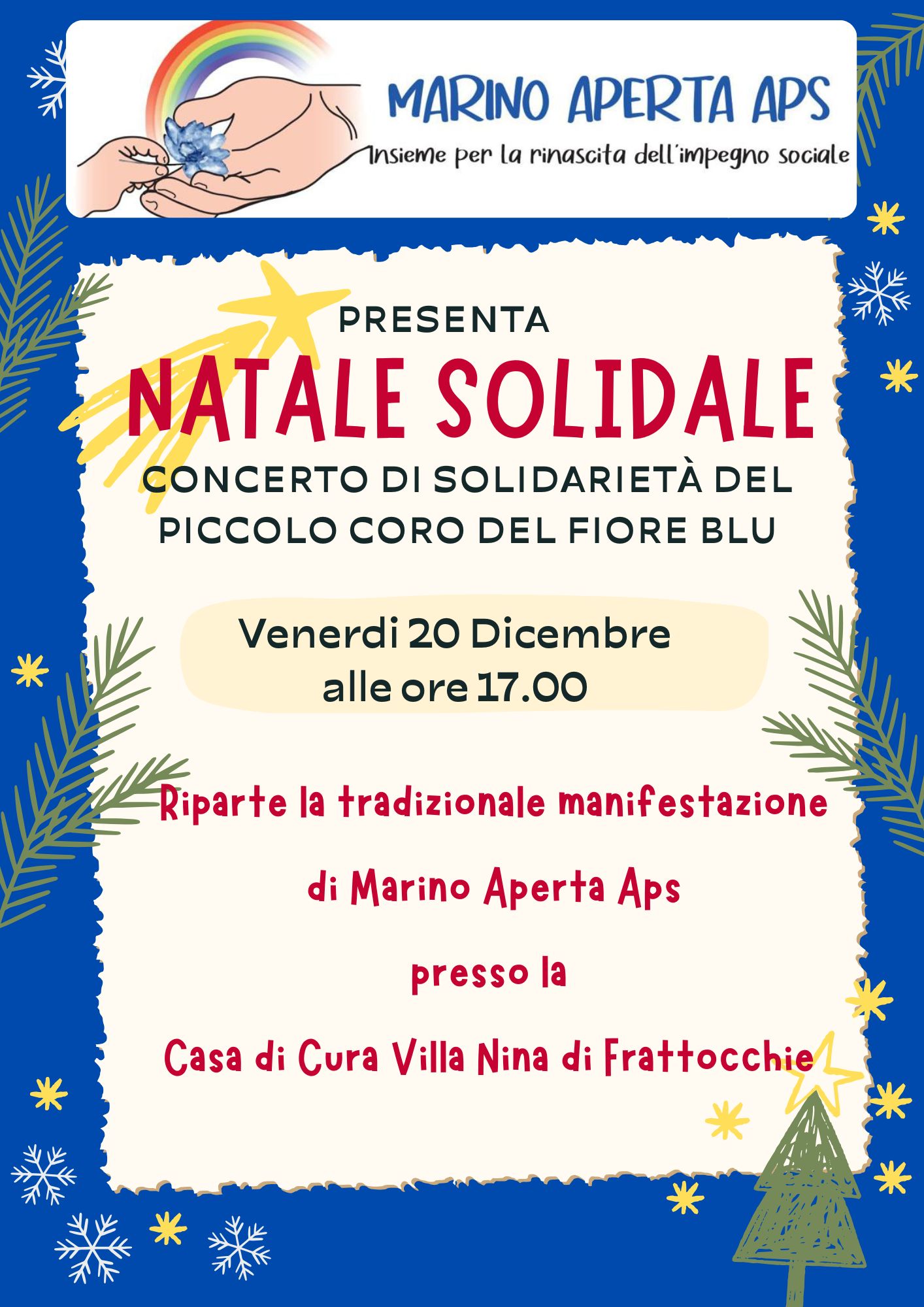 Marino, concerto di Solidarietà a Villa Nina per il Piccolo Coro del Fiore Blu di Marino Aperta: riprende la tradizione dell’incontro dell’Associazione con chi soffre a Frattocchie