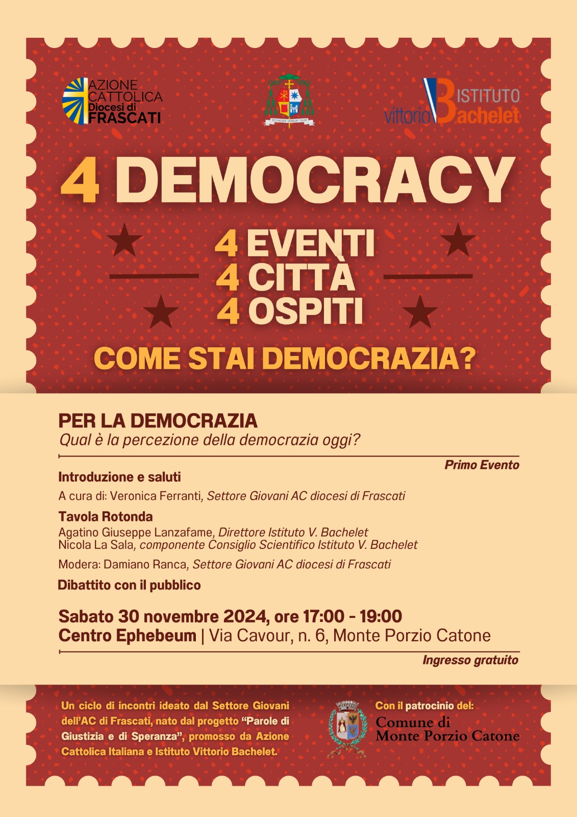 Monte Porzio Catone, incontro con Azione Cattolica Diocesi di Frascati: “4-Democracy – Per la democrazia” sabato 30 novembre